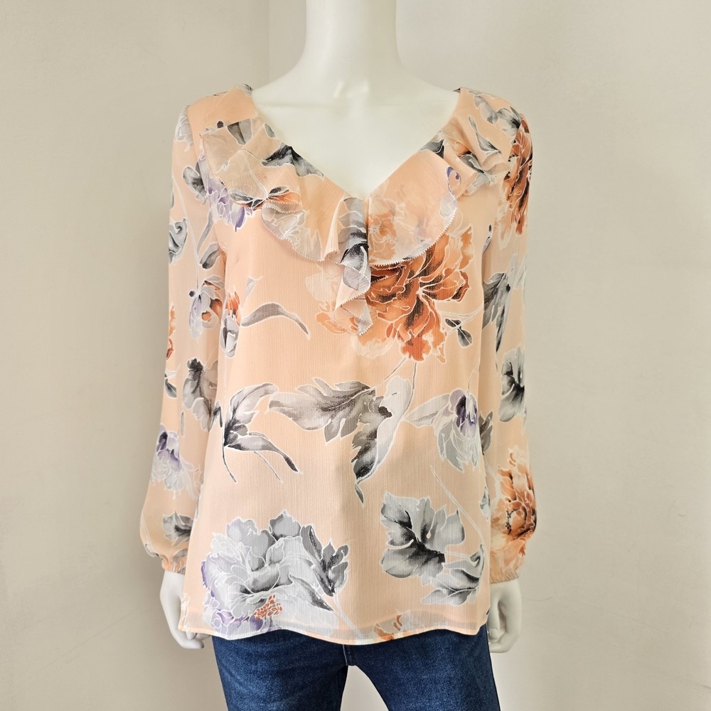 White House Black Market Top Blouse Size 8 Floral Ruffle Front Long Slv Layered
